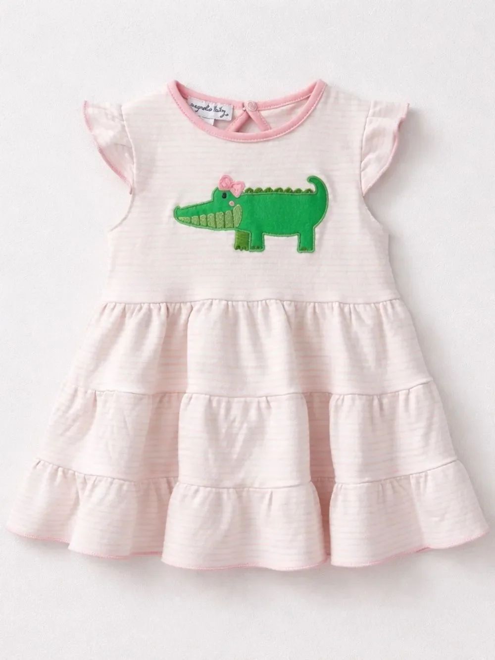 Magnolia Baby pink & white stripe tiered dress with alligator appliqué 12 Mon